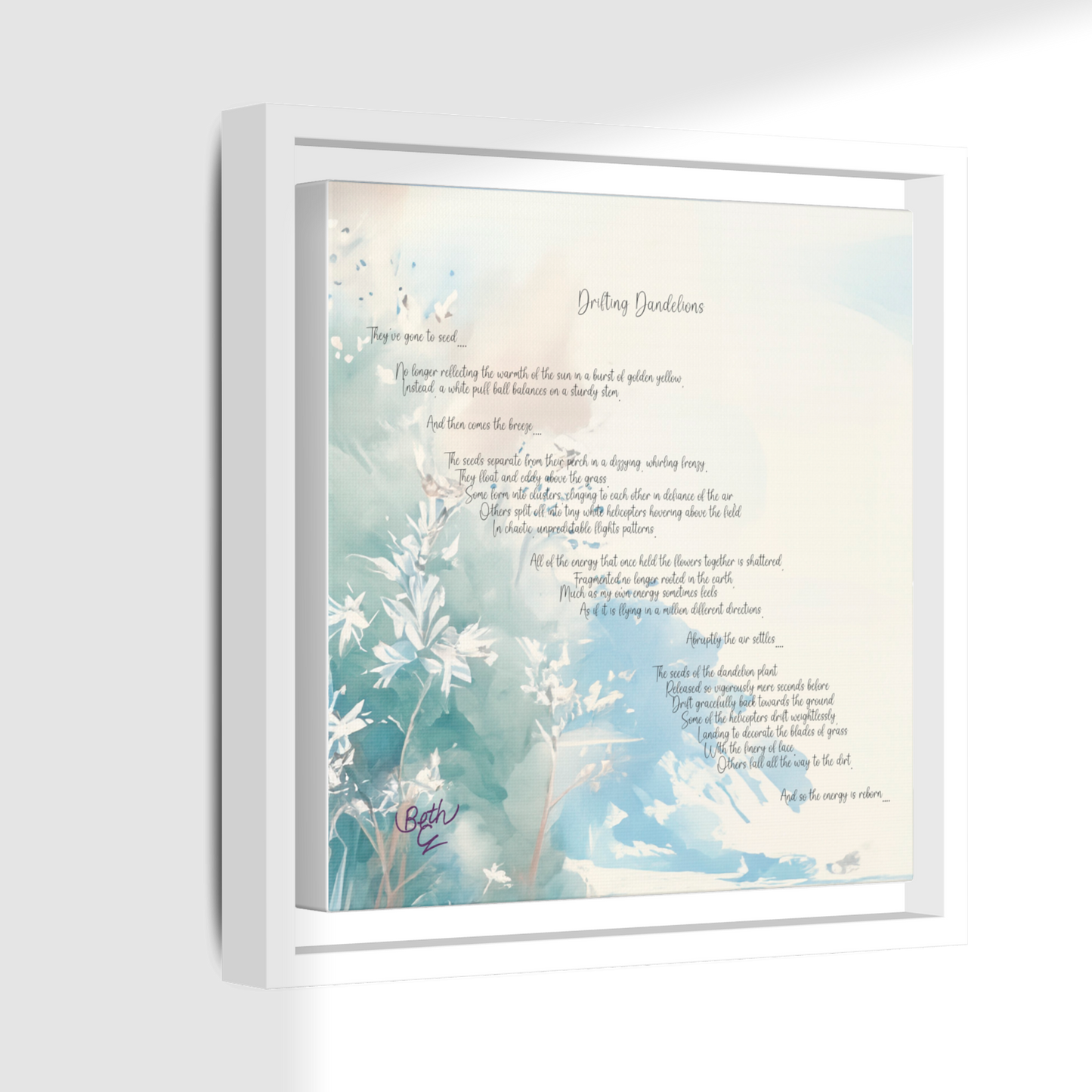 Drifting Dandelions, Poem Canvas Framed