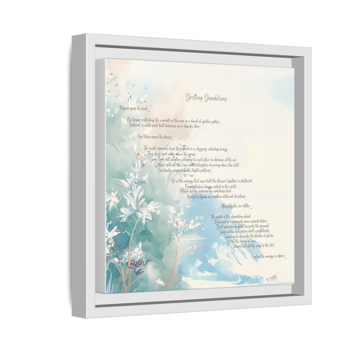 Drifting Dandelions, Poem Canvas Framed