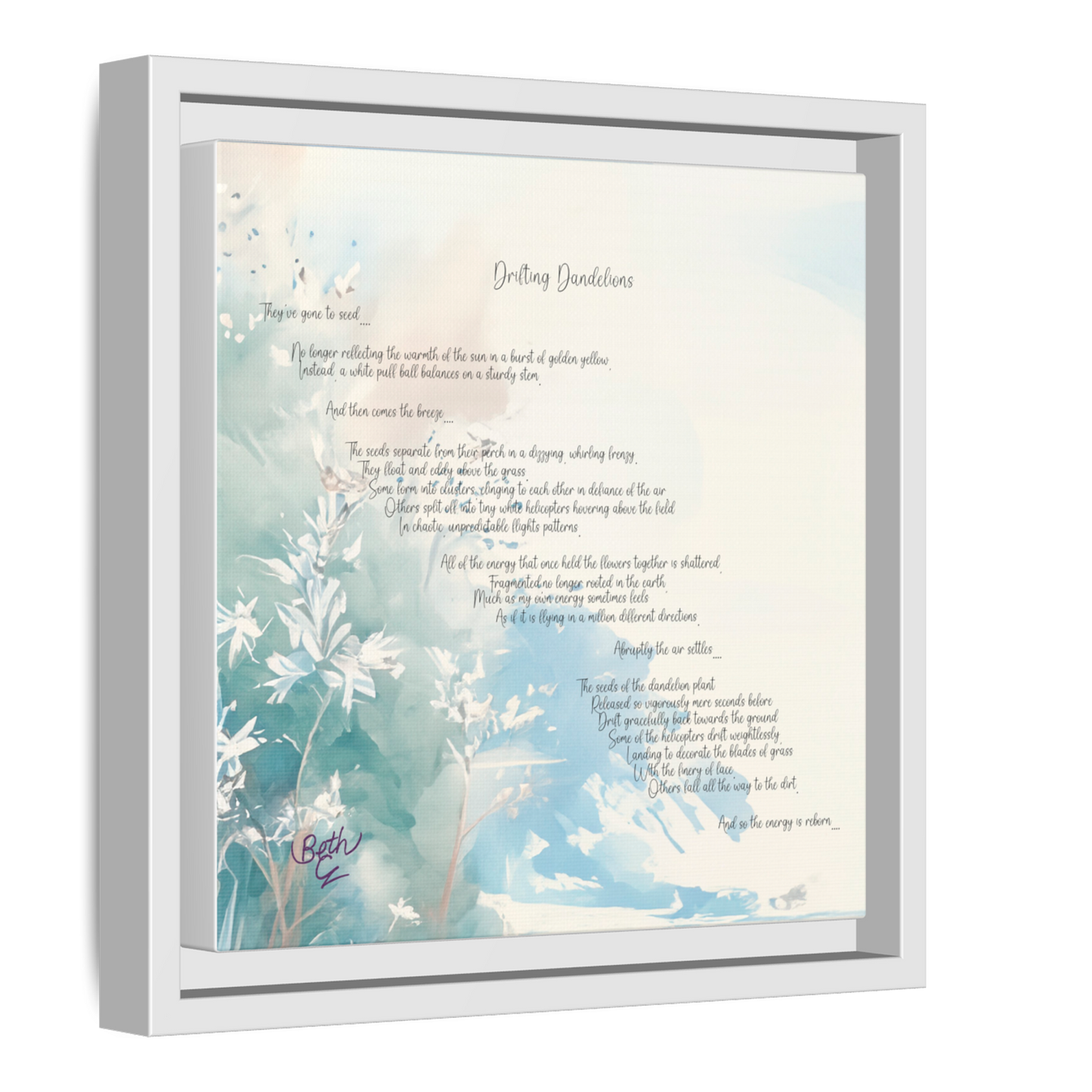 Drifting Dandelions, Poem Canvas Framed